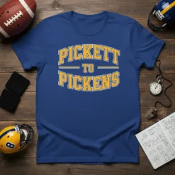 Blue t-shirt with "Pickett to Pickens" text in yellow collegiate font, celebrating football players