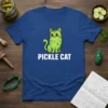 A green cartoon cat with pickle spots is sitting below the text "PICKLE CAT" on a blue t-shirt