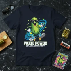 Pickle Power! Cool. Crisp. Crunchy. Groovy t-shirt featuring a smiling pickle character in sunglasses and jet-powered sneakers
