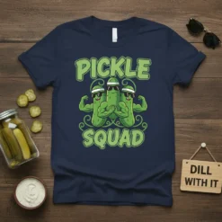 Pickle Squad t-shirt design featuring three muscular cartoon pickles wearing sunglasses and the text "Pickle Squad"