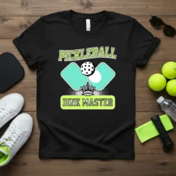 Pickleball Dink Master T-Shirt with graphic of paddles, ball, and crown