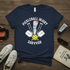 Pickleball Injury Survivor t-shirt with crutches, a bandaged leg, and a pickleball graphic