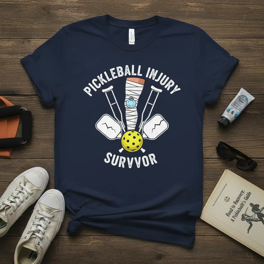 Pickleball Injury Survivor t-shirt design with graphic of bandaged leg, crutches, and pickleball