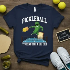 Pickleball It's Kind Onf A Big Dill t-shirt featuring a cartoon pickle playing pickleball on a court