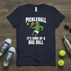 Pickleball It's Kind of a Big Dill T-Shirt with a cartoon pickle playing pickleball