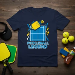 Pickleball Legend t-shirt design with a pickleball court, paddle, and ball. Navy shirt with blue and yellow graphic