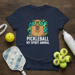 Pickleball My Spirit Animal t-shirt design featuring a capybara wearing sunglasses with pickleball players reflected in the lenses