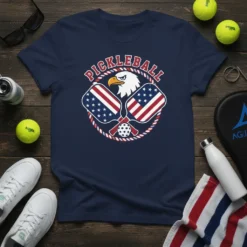 Pickleball Player Eagle American Flags T-Shirt design featuring an eagle and crossed paddles with US flags