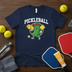 Pickleball Player Pickle T-Shirt featuring a cartoon pickle holding paddles and balls, with "PICKLEBALL" text