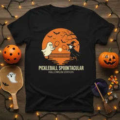 Pickleball Spooktacular Halloween Edition T-Shirt with ghost and witch playing pickleball under a full moon