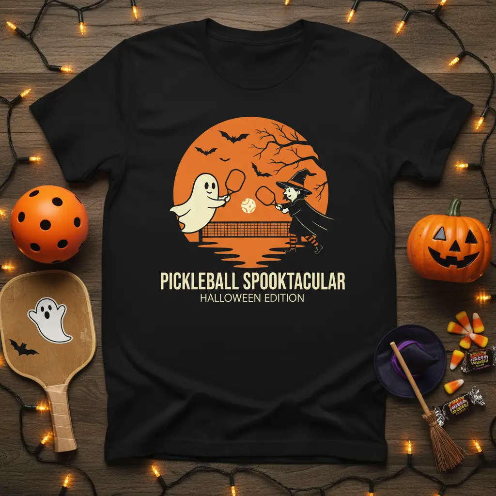Pickleball Spooktacular Halloween Edition design with ghost and witch playing on court, featuring spooky moon graphic