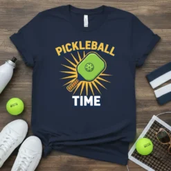 Navy t-shirt with yellow text "PICKLEBALL TIME" and a green pickleball paddle graphic