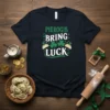 Pierogis Bring Luck text design with shamrocks and tacos on a navy t-shirt