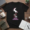 Black t-shirt with pink text "PIÉTINÉ PATRIARCAT" and a unicorn standing on a pile of skulls