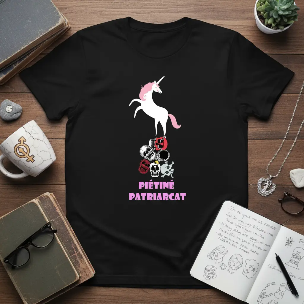 Piétiné Patriarcat feminist unicorn t-shirt design with pink text and unicorn on skulls