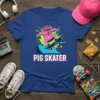 Pig Skater T-Shirt design featuring a pink pig wearing sunglasses and a cap skateboarding down a ramp