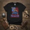 Pig Slayer t-shirt design with a Viking warrior riding a boar in front of an American flag