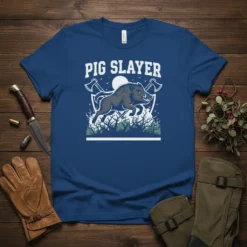 Pig Slayer t-shirt with wild boar graphic, axes, and moon, designed for hunters