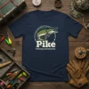 Navy blue t-shirt featuring a stylized pike fish graphic with text "Pike Fishing Adventures" in white and cream colors