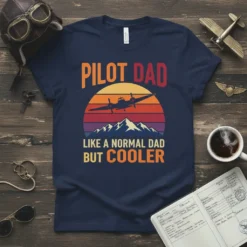 Pilot Dad Like A Normal Dad But Cooler text design with vintage airplane silhouette and mountain sunset graphic