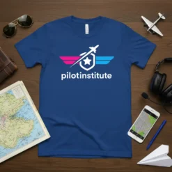 Pilot Institute Aviation Academy logo on a royal blue t-shirt, featuring wings and a plane graphic
