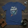 Pilot in Command t-shirt with a detailed fighter jet graphic and text, dark blue background