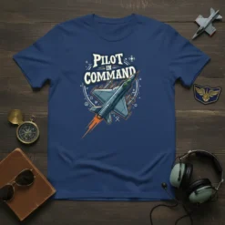 Pilot in Command t-shirt with a detailed fighter jet graphic and text, dark blue background