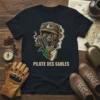 Pilote des Sables t-shirt design with vintage motorcycle engine, cigar, goggles, and Algerian flag bandana