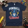Pinball Wizard design featuring a wizard with flippers and circuit board elements, on a navy t-shirt