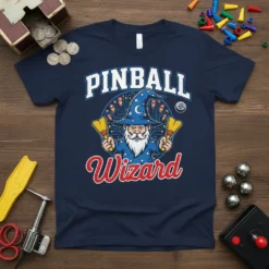 Pinball Wizard design featuring a wizard with flippers and circuit board elements, on a navy t-shirt