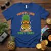Pineapple Hair Don't Care DJ T-Shirt with a pineapple character wearing headphones and playing a DJ set