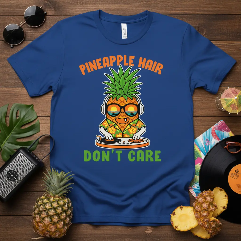 Pineapple Hair Don't Care graphic tee featuring a DJ pineapple with headphones and sunglasses on a turntable