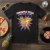Pineapple Pizza A Contrvoincial Love Story graphic tee with dancing pineapple and pizza slice characters