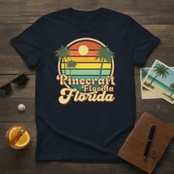 Pinecraft Florida retro sunset and palm trees t-shirt design with colorful stripes and text