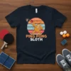 Ping Pong Sloth t-shirt design with a sloth playing table tennis against a retro sunset background
