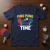 Navy t-shirt with "PING PONG TIME" text, featuring ping pong paddles, net, and ball graphic