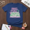 Pinkies, Pearls & Educated Pretty Girls text design on a navy blue t-shirt, featuring pink and green lettering and pearl