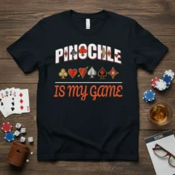 Pinochle Is My Game T-Shirt featuring the text "Pinochle Is My Game" and various card suit icons in red and