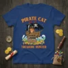 Pirate Cat Treasure Hunter T-Shirt featuring a cute cat pirate on a ship with treasure and gold coins