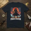 Pirate Hunter t-shirt design featuring a fierce character with swords and ships in the background