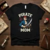 Pirate Mom t-shirt design featuring a female pirate captain holding a sword and standing by a ship's wheel