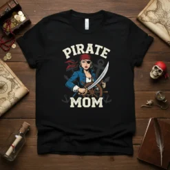 Pirate Mom t-shirt design featuring a female pirate captain holding a sword and standing by a ship's wheel