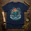 Pirate Octopus Skull T-Shirt design with a fearsome octopus, crossed swords, and crashing waves, against an orange sunburst backdrop