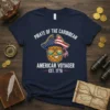 Pineapple pirate wearing an American flag hat and sunglasses, text reads Pirate of the Caribbean American Voyager Est. 1776 on