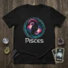 Pisces Cat Zodiac T-Shirt featuring two colorful cats in a circle with stars and the word Pisces