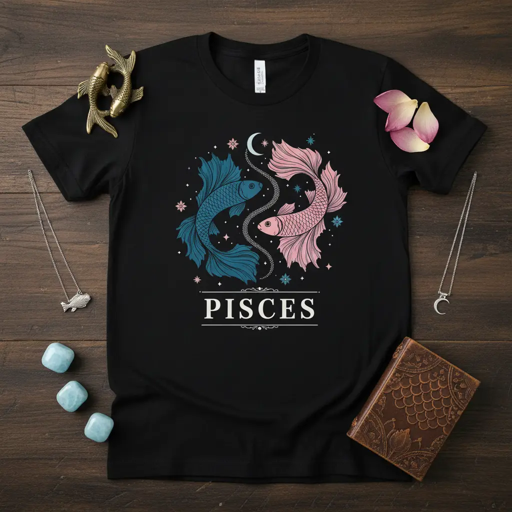 Black t-shirt showcasing the Pisces zodiac symbol with blue and pink intertwined fish, moon, and stars