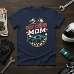 Pit Crew Mom t-shirt design with vintage race car and checkered flags