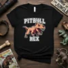 Black t-shirt with "Pitbull Rex" text above a cartoon pitbull dog styled as a dinosaur