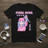 Black t-shirt with "PIXEL DIVA" text and pixel art of a girl in pink Y2K fashion