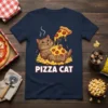 Pizza Cat t-shirt design featuring a cartoon cat enthusiastically eating a slice of pizza